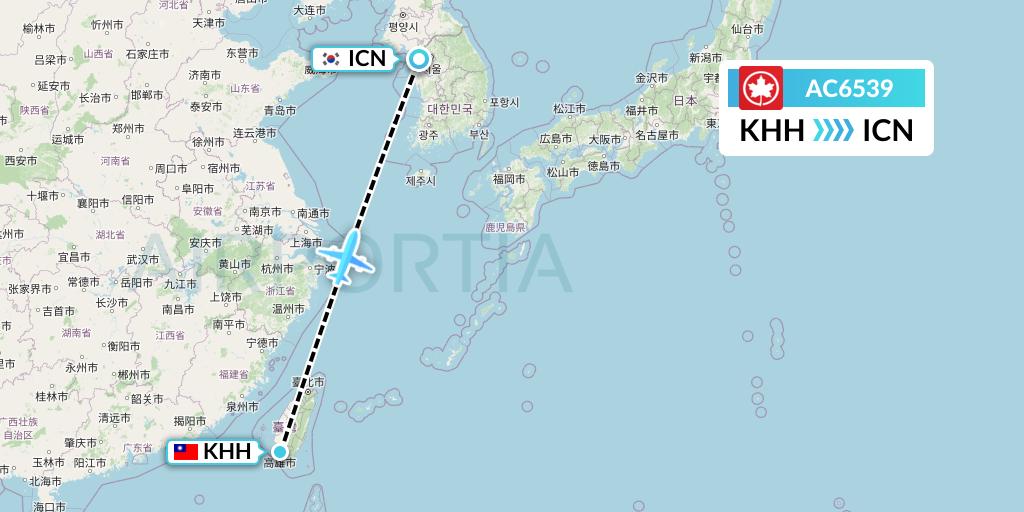 AC6539 Air Canada Flight Map: Kaohsiung to Seoul