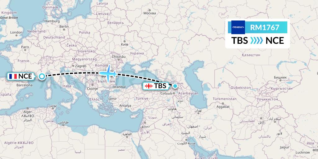 RM1767 Armenia Flight Map: Tbilisi to Nice