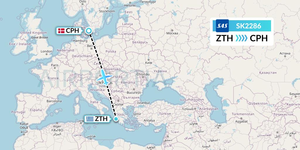 SK2286 SAS Flight Map: Zakynthos to Copenhagen