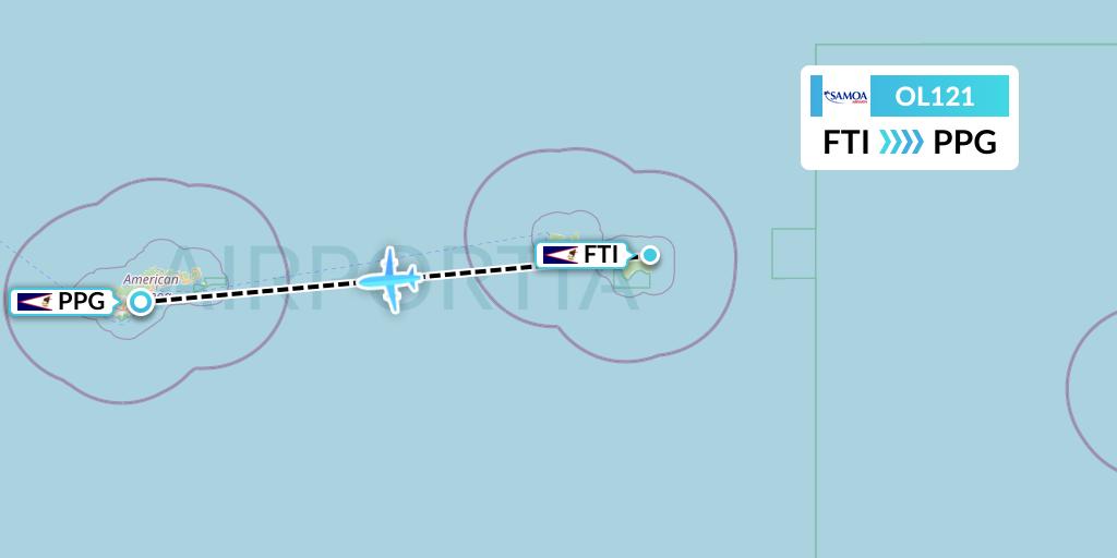 OL121 Samoa Airways Flight Map: Fitiuta Village to Pago Pago