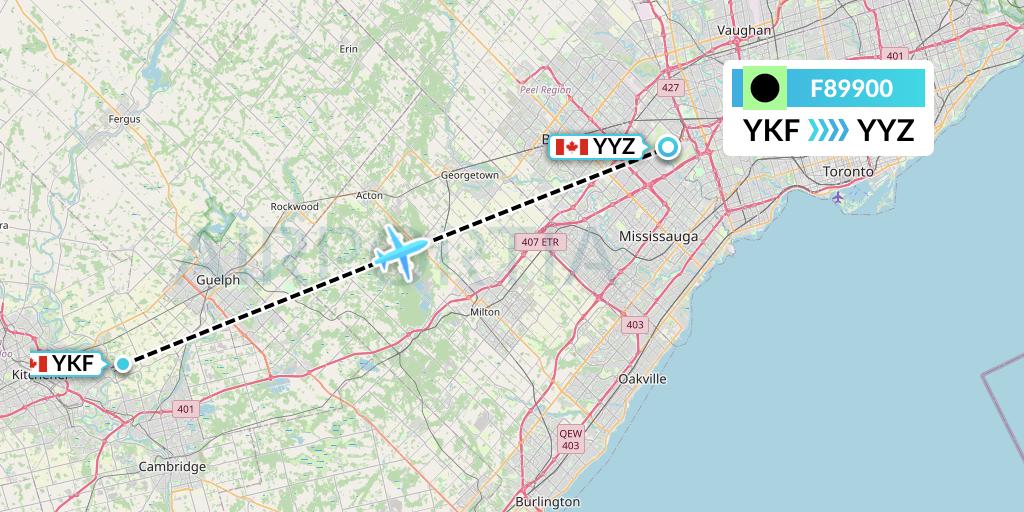 F89900 Flair Airlines Flight Map: Waterloo to Toronto