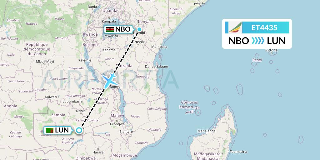 ET4435 Ethiopian Airlines Flight Map: Nairobi to Lusaka
