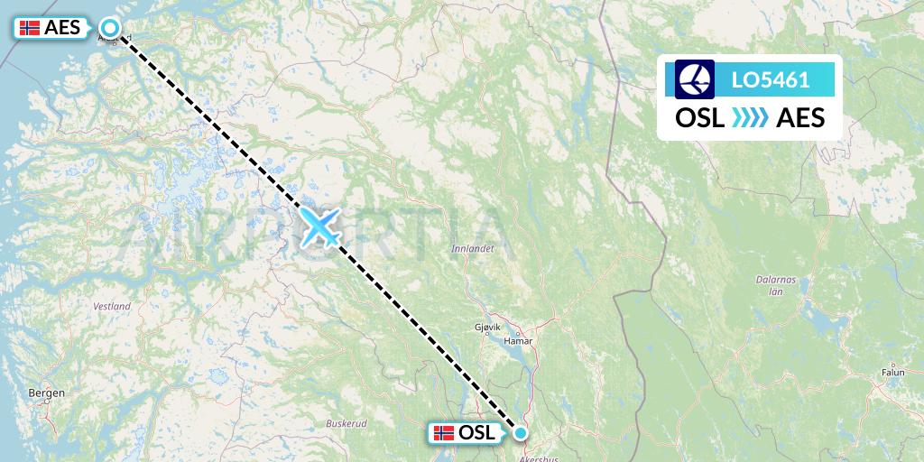 LO5461 LOT Flight Map: Oslo to Alesund