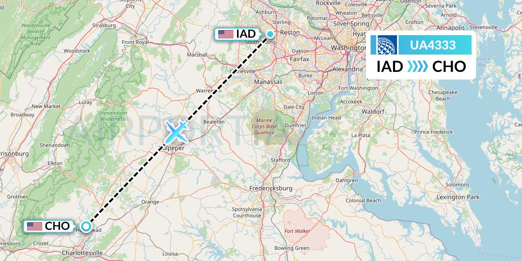 UA4333 United Airlines Flight Map: Washington to Charlottesville