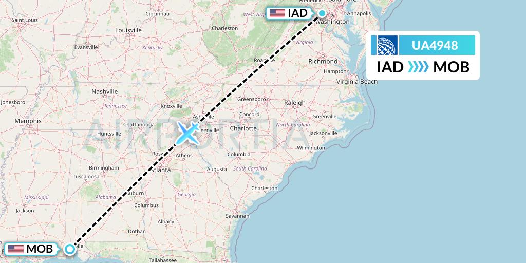 UA4948 United Airlines Flight Map: Washington to Mobile