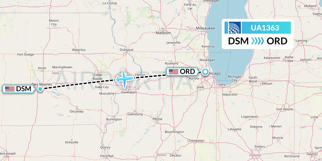 UA1363 United Airlines Flight Map: Des Moines to Chicago