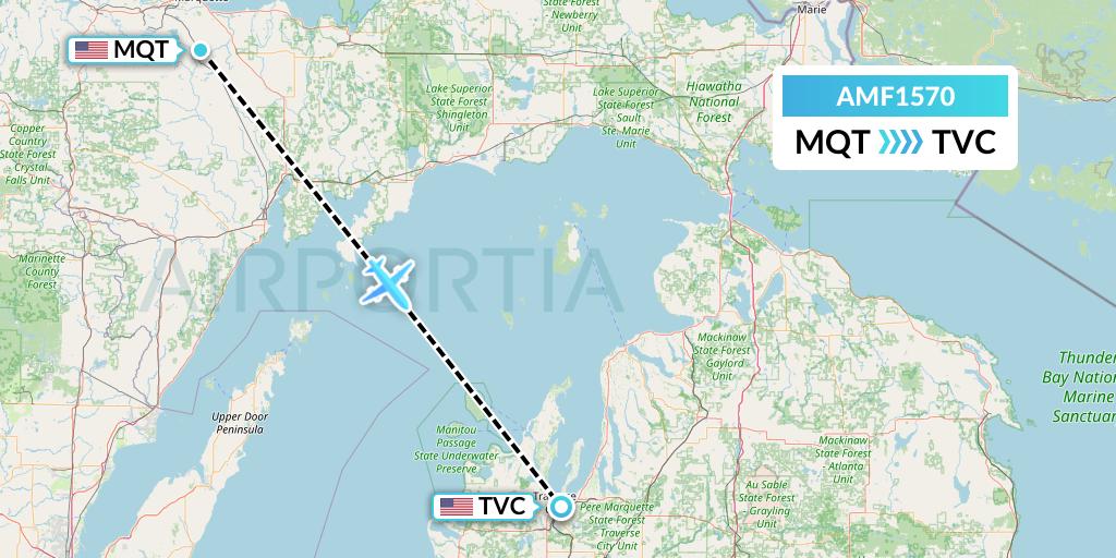 AMF1570 Ameriflight Flight Map: Marquette to Traverse City