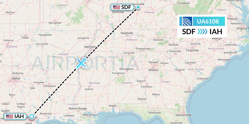 UA6108 United Airlines Flight Map: Louisville to Houston