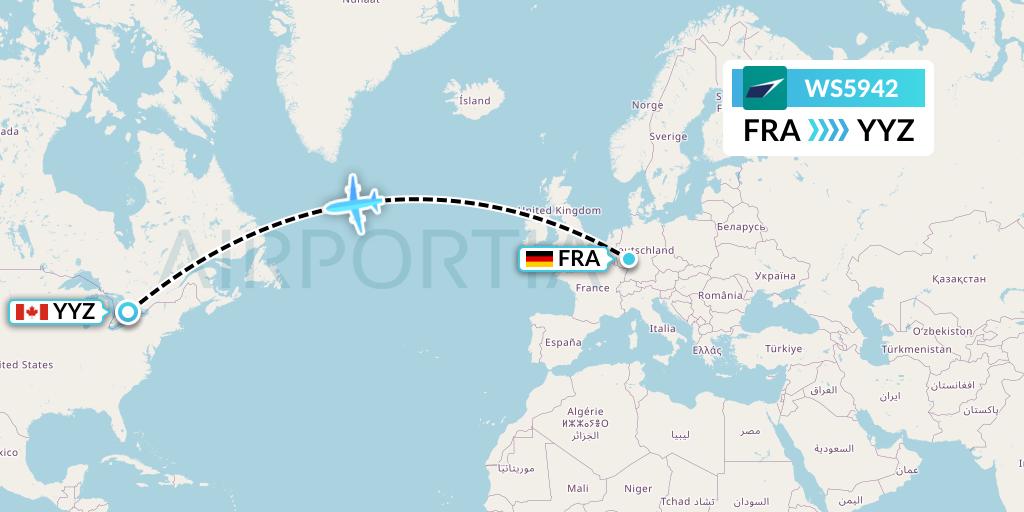 WS5942 WestJet Flight Map: Frankfurt to Toronto