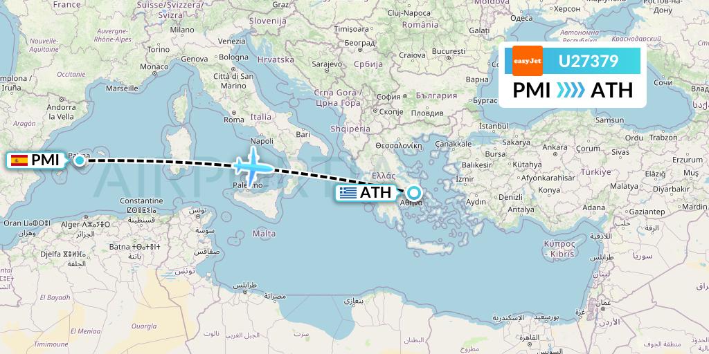 U27379 EasyJet Flight Map: Palma de Mallorca to Athens