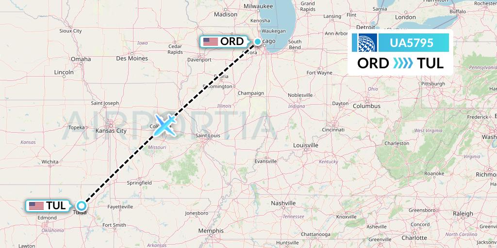 UA5795 United Airlines Flight Map: Chicago to Tulsa