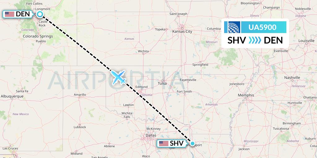 UA5900 United Airlines Flight Map: Shreveport to Denver