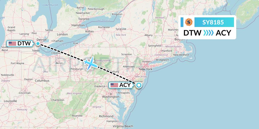 SY8185 Sun Country Airlines Flight Map: Detroit to Atlantic City