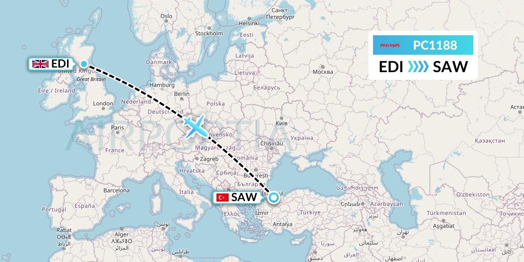 PC1188 Pegasus Airlines Flight Map: Edinburgh to Istanbul