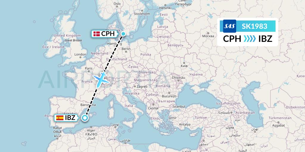 SK1983 SAS Flight Map: Copenhagen to Ibiza