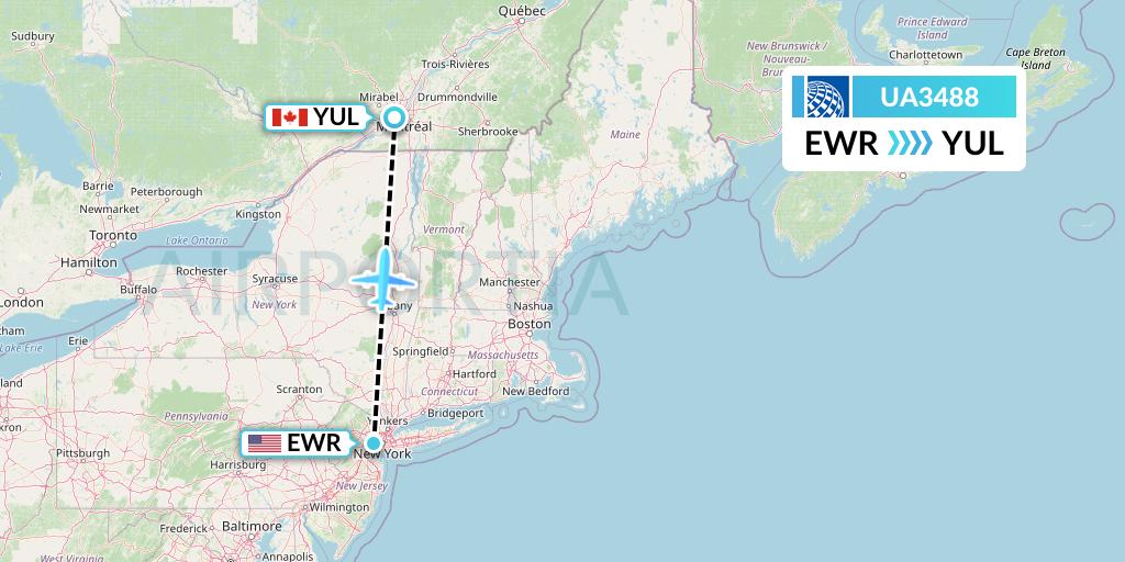 UA3488 United Airlines Flight Map: New York to Montreal