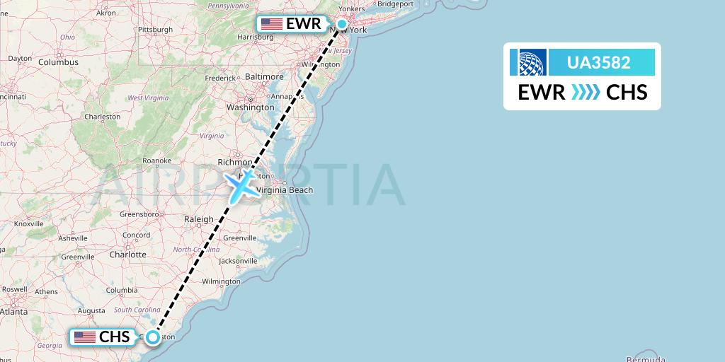 UA3582 United Airlines Flight Map: New York to Charleston