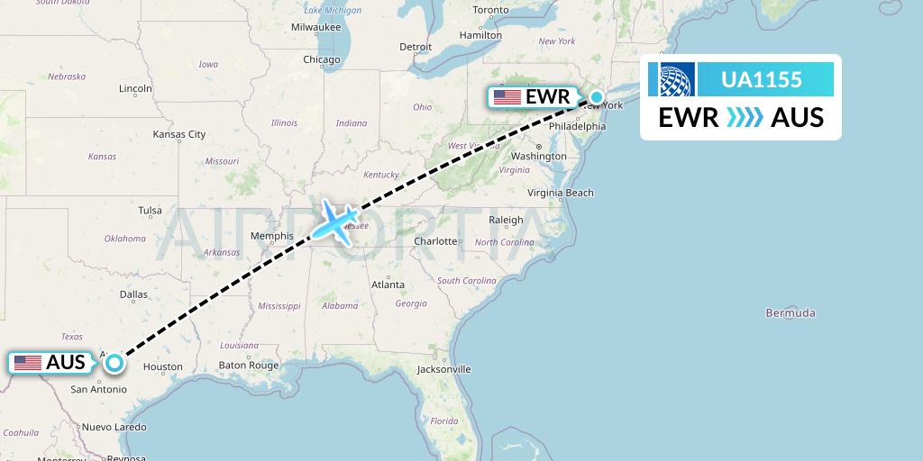 UA1155 United Airlines Flight Map: New York to Austin