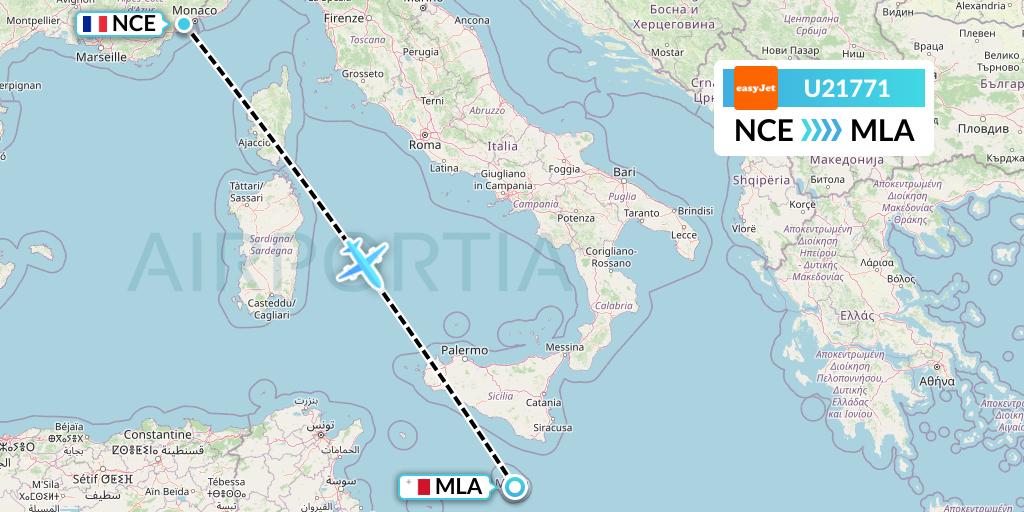U21771 EasyJet Flight Map: Nice to Malta