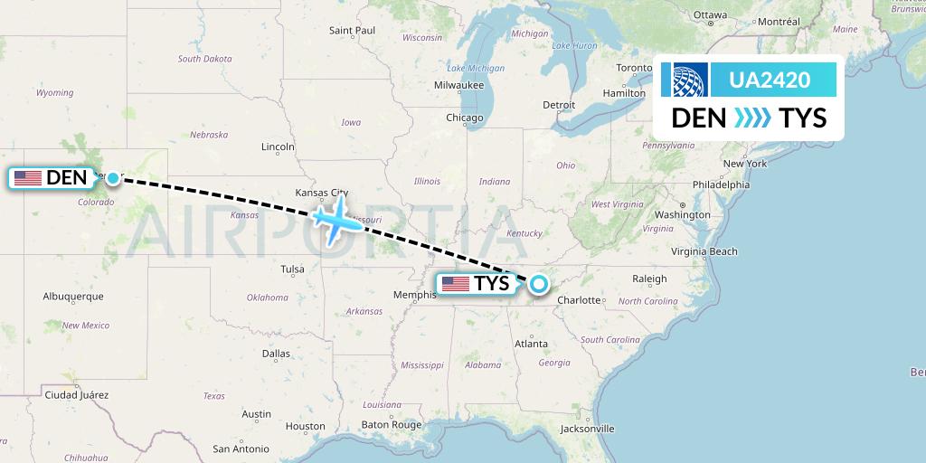 UA2420 United Airlines Flight Map: Denver to Knoxville