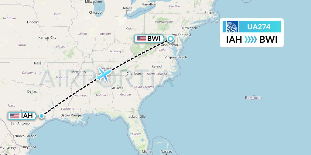 UA274 United Airlines Flight Map: Houston to Baltimore