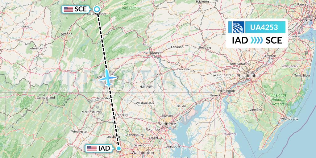 UA4253 United Airlines Flight Map: Washington to State College