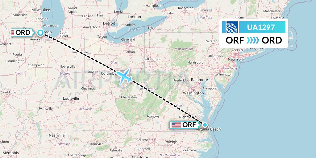 UA1297 United Airlines Flight Map: Norfolk to Chicago