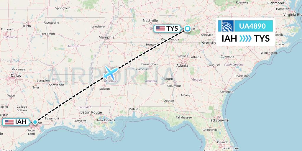 UA4890 United Airlines Flight Map: Houston to Knoxville