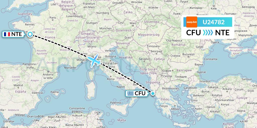 U24782 EasyJet Flight Map: Corfu to Nantes
