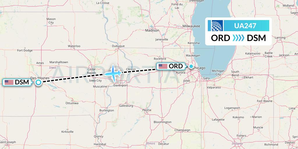 UA247 United Airlines Flight Map: Chicago to Des Moines