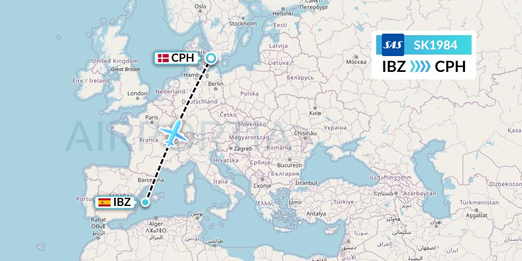 SK1984 SAS Flight Map: Ibiza to Copenhagen