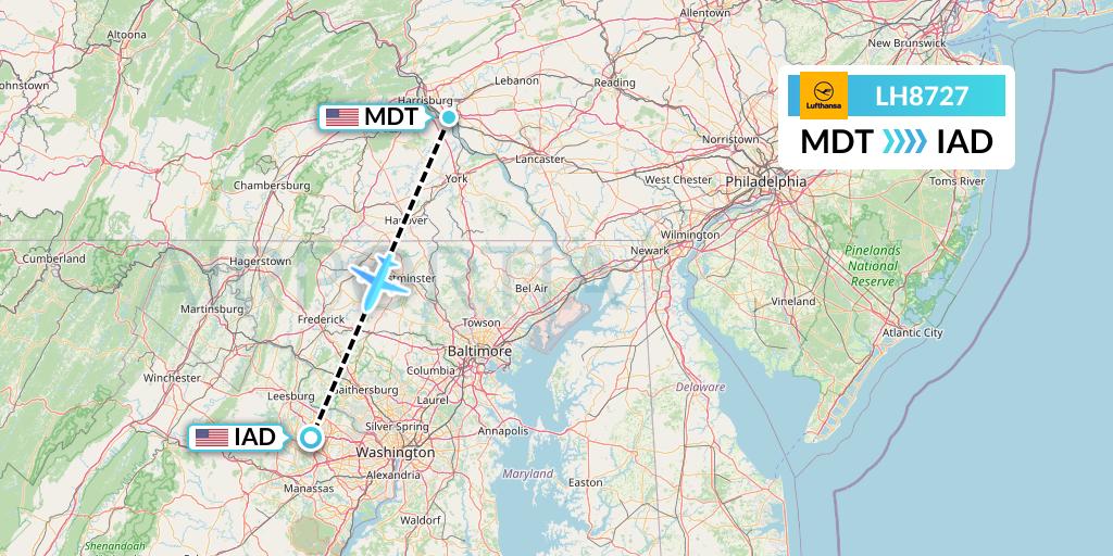 LH8727 Lufthansa Flight Map: Harrisburg to Washington
