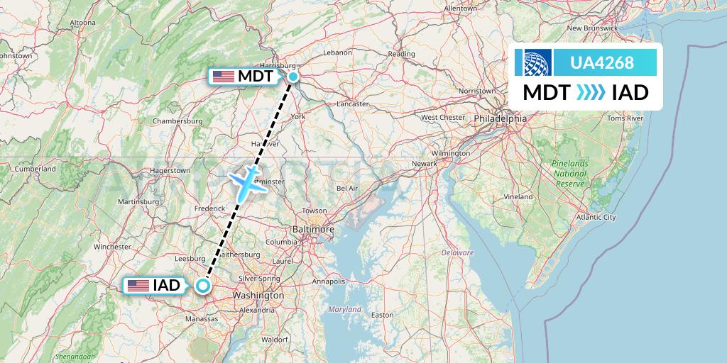 UA4268 United Airlines Flight Map: Harrisburg to Washington