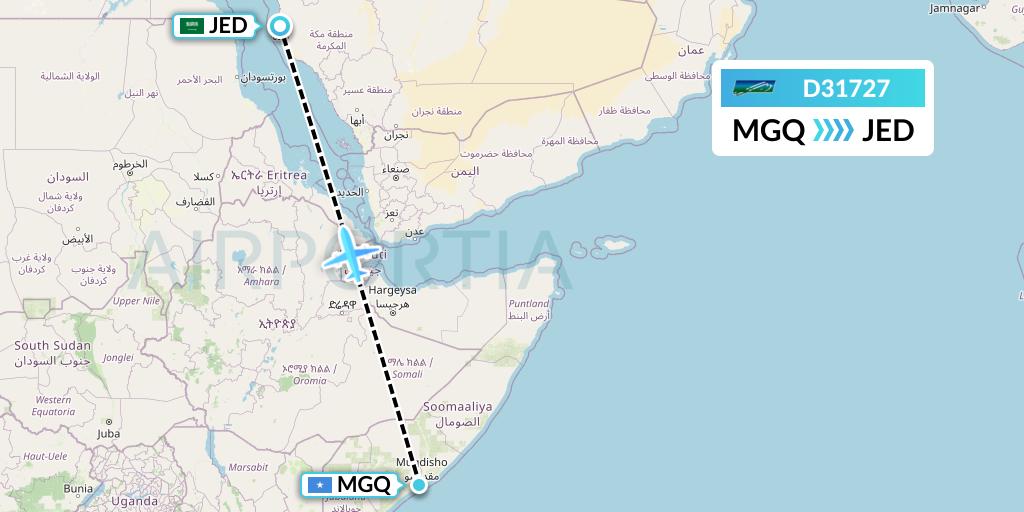D31727 Daallo Airlines Flight Map: Mogadishu to Jeddah