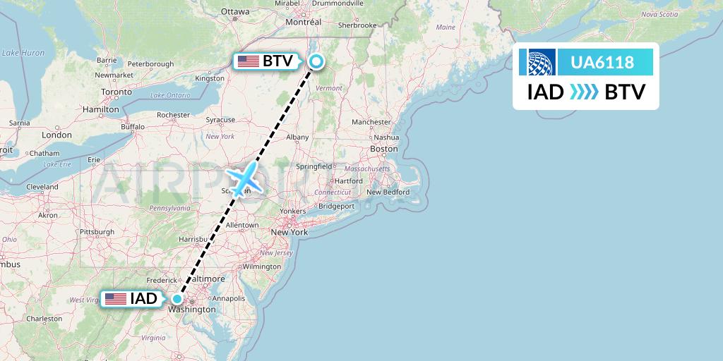 UA6118 United Airlines Flight Map: Washington to Burlington