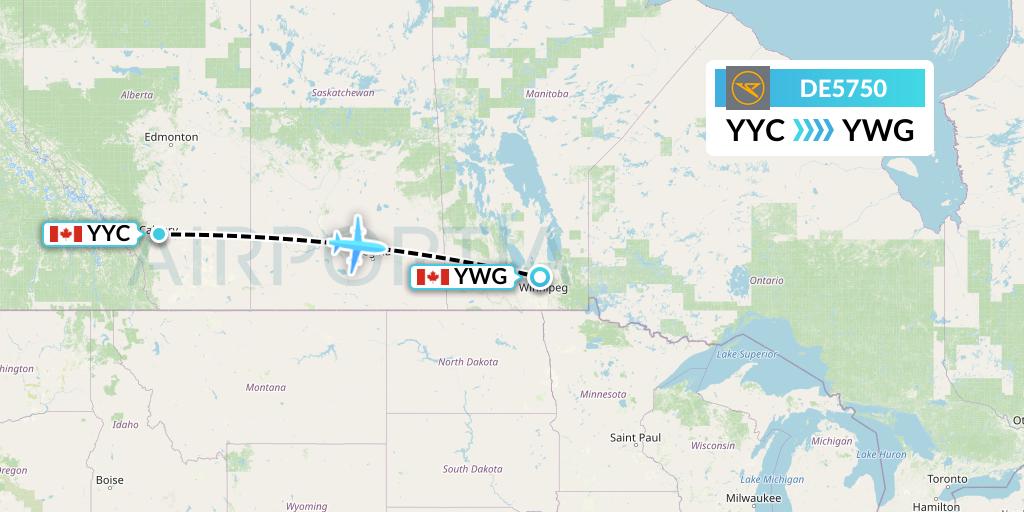 DE5750 Condor Flight Map: Calgary to Winnipeg