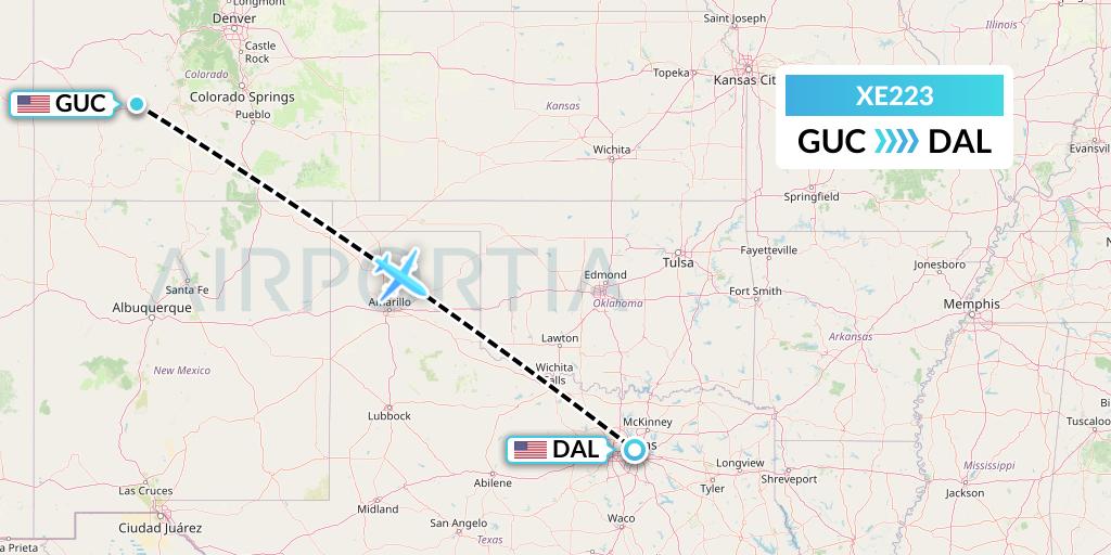 XE223 Jsx Flight Map: Gunnison to Dallas