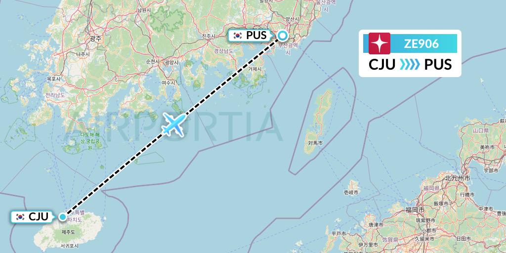 ZE906 Eastar Jet Flight Map: Jeju to Busan
