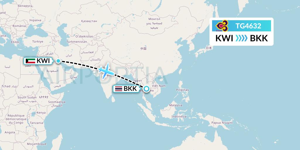 TG4632 Thai Airways Flight Map: Kuwait City to Bangkok