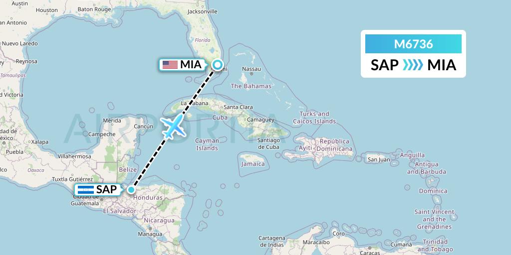 M6736 Amerijet International Flight Map: San Pedro Sula to Miami