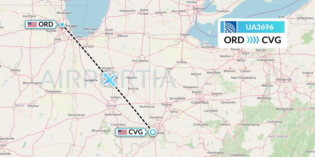 UA3696 United Airlines Flight Map: Chicago to Cincinnati