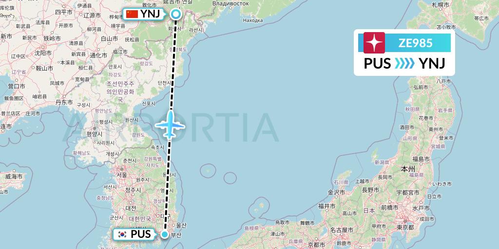 ZE985 Eastar Jet Flight Map: Busan to Yanji