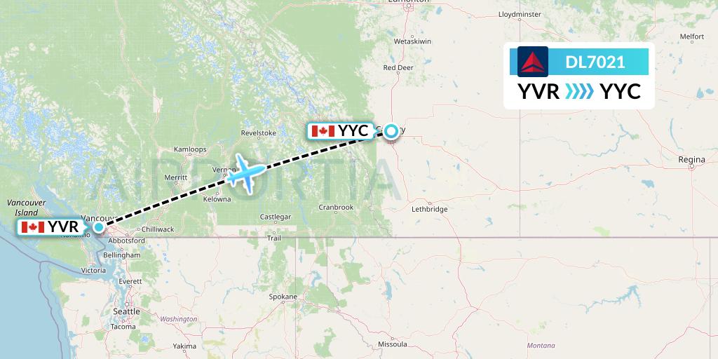 DL7021 Delta Air Lines Flight Map: Vancouver to Calgary