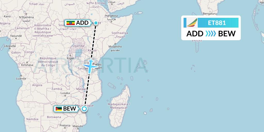 ET881 Ethiopian Airlines Flight Map: Addis Ababa to Beira