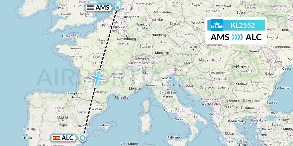 KL2552 KLM Flight Map: Amsterdam to Alicante