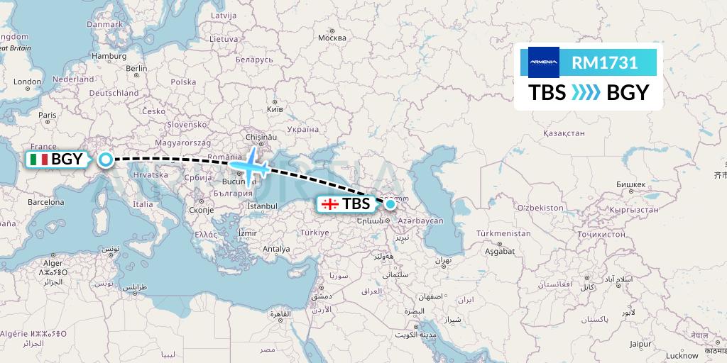 RM1731 Armenia Flight Map: Tbilisi to Milan