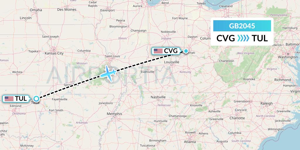 GB2045 ABX Air Flight Map: Cincinnati to Tulsa