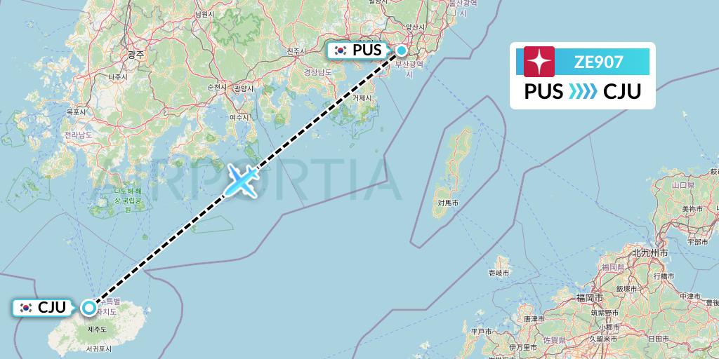 ZE907 Eastar Jet Flight Map: Busan to Jeju