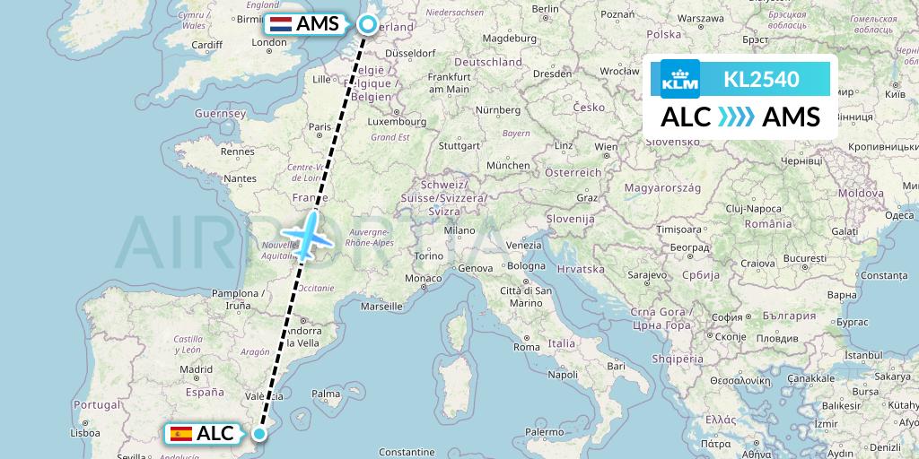 KL2540 KLM Flight Map: Alicante to Amsterdam