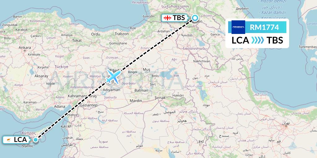 RM1774 Armenia Flight Map: Larnaca to Tbilisi